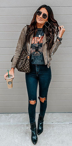 Spring Outfit Leather jacket, Slim-fit pants: Casual Outfits,  Jeans Fashion,  Cropped Sweater,  Boxy Jacket,  Lounge jacket  