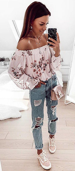 Spring Outfit High-heeled shoe - blouse, jeans, t-shirt, shoulder: Casual Outfits,  Off Shoulder  