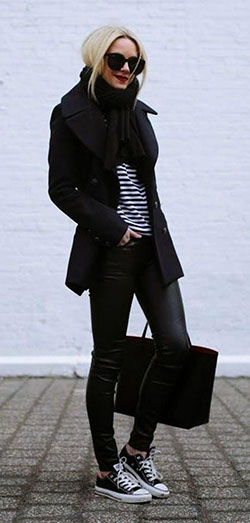Casual outfits Trench coat, Converse Black: Girls Work Outfit,  black coat,  Wool Coat  