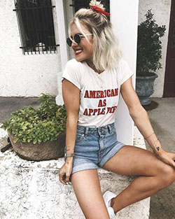 Jean Shorts Outfit, Bun hairstyle with Casual wear, Jean Shorts: Denim Shorts,  shirts,  Jeans Short,  Jeans Fashion,  Cute outfits,  Shorts Outfit,  Outfits With Bun Hairstyle,  Blue Jean Short  