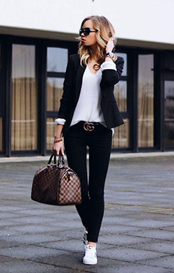 Black Jeans Outfit, Casual wear, Work Outfit: High-Heeled Shoe,  Louis Vuitton,  Jeans For Girls,  Adidas Superstar  