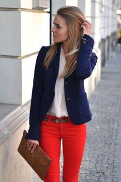 blazer red pants. 9 ways to wear red pants outfits at work - Page 2 of 9: Slim-Fit Pants,  Jeans Fashion,  Navy blue,  Red Jeans,  Red Pants,  red trousers,  Blazer,  Low-Rise Pants  