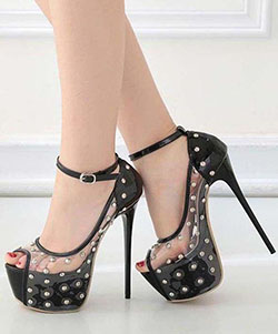 Black 7' High Heel Ankle Strap Patent Leather Sexy Shoes. Black Clear Studded Peep Toe Platform Stiletto High Heel Pumps: high heels,  High-Heeled Shoe,  Court shoe,  Stiletto heel,  High Heel Ideas,  Best Stilettos Ideas,  Peep-Toe Shoe,  Platform shoe  
