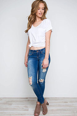 Chelsea Anne Distressed Skinny Jeans - Medium Wash: Denim Outfits,  Ripped Jeans,  Cobalt blue  