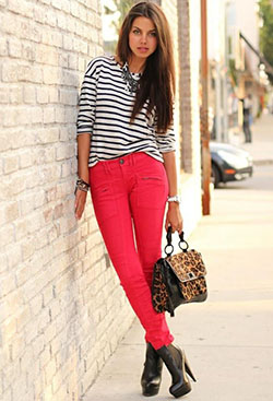 Red pants outfits. Fall Fashion Trends Week-The Ankle Boot: Casual Outfits,  Slim-Fit Pants,  Boot Outfits,  Business casual,  Red Jeans,  Red Pants,  Pant Outfits,  red trousers  