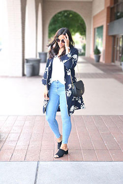 Floral Kimono + Restricted Mules: Slim-Fit Pants,  shirts,  Kimono Outfit Ideas,  kimono outfits,  Floral Outfits  