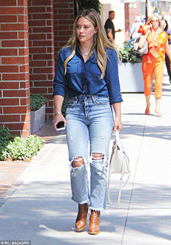 Hilary Duff steps out in casual shirt and torn jeans combo for chores: Denim Outfits,  Ripped Jeans,  Hilary Duff,  Blue shirt  