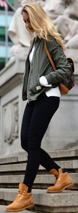 Black Jeans Casual wear, Timberland boots, White High-neck Top with Green Jacket Outfits: Slim-Fit Pants,  Jeans For Girls  