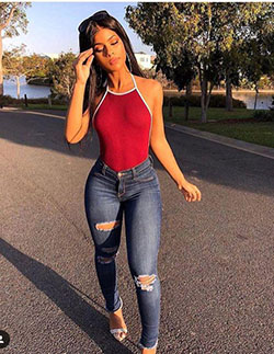 Red top outfit. New Favorite Booty Boot-Camp Workout: Jeans Outfit,  Denim Outfits,  Blue Jeans,  Ripped Jeans,  Slim-Fit Pants,  Fashion outfits,  Red top,  fashioninsta  