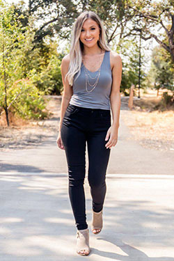 Black Skinny Jeans, Grey Tank Top, Black Skinny Outfit for Summer 2022: Black Jeans,  Jeans For Girls  