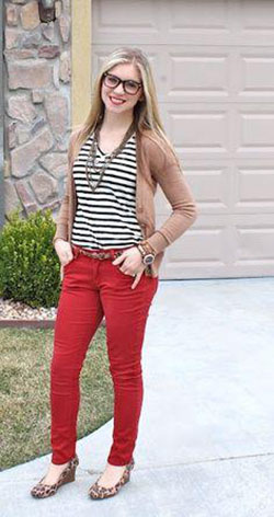 Colored skinny jeans. Red Jeans + Breton Stripes: Slim-Fit Pants,  shirts,  red trousers  