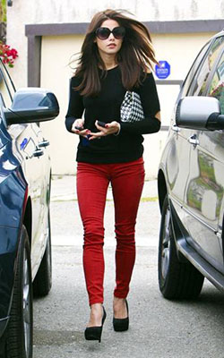 The Twilight Saga. Red jeans with suede black heels: Slim-Fit Pants,  red trousers  