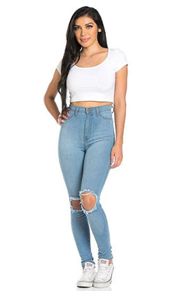 Ripped Knee Super High Waisted Skinny Jeans. Ripped Knee Super High Waisted Skinny Jeans. Ripped Knee Super High Waisted Skinny Jeans in Light Blue(Plus Sizes Available): Slim-Fit Pants,  Mom jeans  