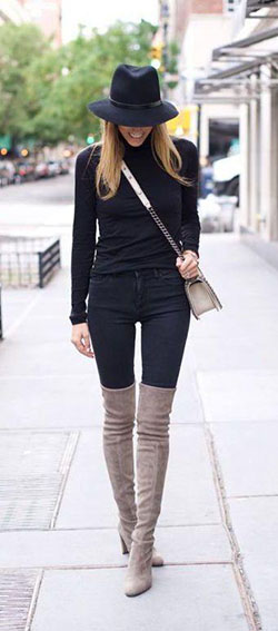 Suede over the knee boot + all black. Wouldn't work on me but gorgeous on he...: Chap boot  