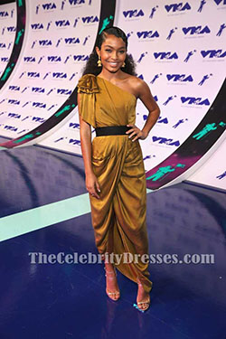 Yara Shahidi Sexy One-shoulder Draped High Low Evening Dress 2017 MTV Video Music Awards TCD7479: 