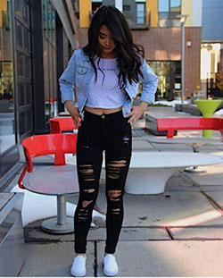 Super Cute Outfit Ideas For Teen Girls With Denim Jacket & Black Ripped Jeans: Jean jacket,  Jacket Outfits  