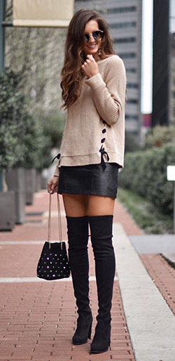 #fall #outfits women's knitted beige sweatshirt, black leather mini skirt, pair ...: Mini Skirt  