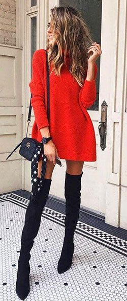 #fall #outfits women's red long-sleeved mini dress and black leather thigh-high ...: Long Sleeve  