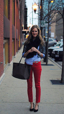 red pants and chambray: Slim-Fit Pants,  Red Jeans,  Red Pants,  Red Denim,  red trousers  