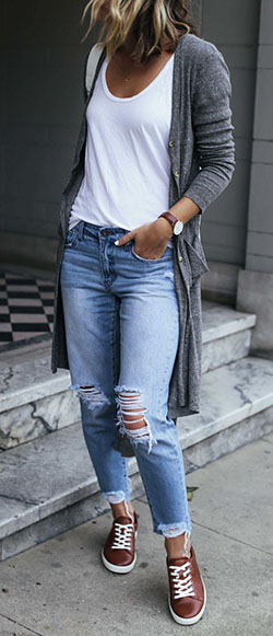 summer outfits Grey Cardigan. summer outfits  Grey Cardigan + White Tee + Ripped Jeans cute outfits for girls ...: summer outfits,  Denim Outfits,  Ripped Jeans,  Cardigan  