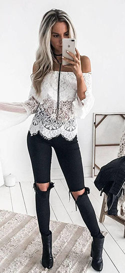 White Lace Top Outfits, Black Jeans Slim-fit Pants, Casual Wear Outfit | Summer Outfit Ideas: Black Jeans,  Clothing Accessories,  Outfits White,  Jeans For Girls  