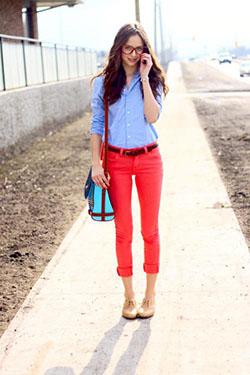And Red Shirt. tan brogues: shirts,  Red Pants,  red trousers,  Blue shirt  