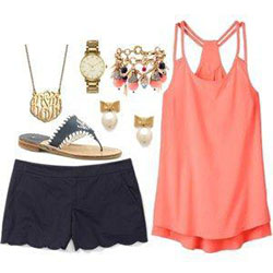 Coral spaghetti strap tank top paired with navy shorts: Dress code,  Polyvore Outfits Summer  