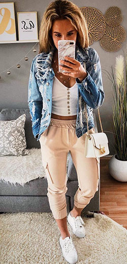 blue denim jacket #summer #outfits style: summer outfits,  Celana chino  