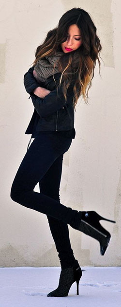 Black Leggings, Casual wear outfit women: winter outfits,  Leather jacket,  Slim-Fit Pants,  Black Leggings  