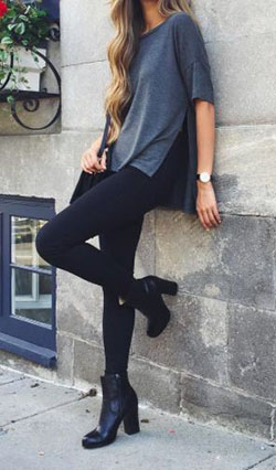Casual Street fashion with leggings: Boot Outfits,  Business casual,  Black Leggings  
