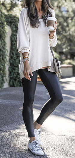 Casual wear,  Long-Sleeved Sweater: Spaghetti strap,  Sleeveless shirt,  winter outfits,  Black Leggings,  Long Sleeve  