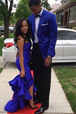 Oh, how cute! Coordinated in blue, a black couple's homecoming dream: Bridesmaid dress,  Prom couples,  Black Couple Homecoming Dresses,  Prom Suit  