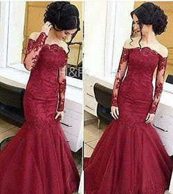 UPD0304, Wine Red Colored, Lace Evening Dress, Mermaid Elegant, Long Sleeves, Off Shoulder, Prom Dress: Long Sleeve  