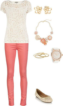 Ivory lace top paired with coral skinny pants: High-Heeled Shoe,  Polyvore Outfits Summer  