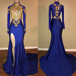 VikDressy Womens Mermaid High Neck Prom Dress 2018 With Gold Appliques Long Slee...: 