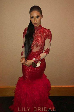 Red high gold neck long sleeve mermaid prom dress: Backless dress,  Red Gown  