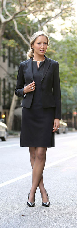Classic woman's black suit funeral attire.: black dress,  Funeral Outfit Ideas,  Black Blazer,  Funeral Dress,  Power Suit  