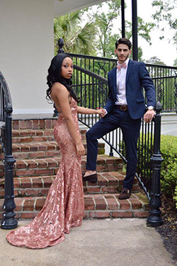 Lace Evening Homecoming Outfits: Backless dress,  Prom couples,  Black Couple Homecoming Dresses  