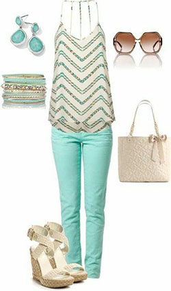 Mint skinny jeans paired with a loose chevron-striped tank top: Polyvore Outfits Summer  