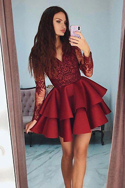 Burgundy Prom Dress, Party Outfit Formal wear, Bridesmaid dress: Cocktail Dresses,  Evening gown,  Prom Dresses,  Cute Party Dresses,  Dating Outfits,  Crochet Dress,  Sleeves Short  
