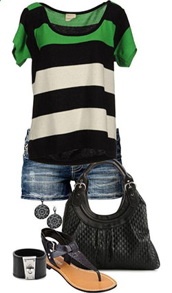 Green, black, and beige striped top with denim shorts: Clothing Accessories,  Polyvore Outfits Summer  