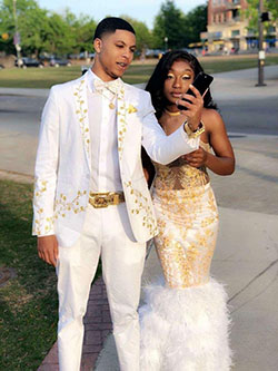 Her dress and his suit golden as the summer sun!: Prom couples,  Black Couple Homecoming Dresses,  Prom Suit  