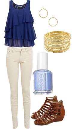 Navy blue tiered tank top paired with light beige skinny jeans: Polyvore Outfits Summer  
