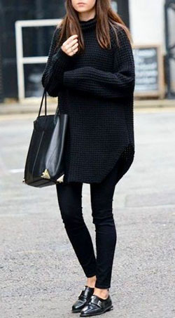 Black sweater and leggings outfit women: winter outfits,  Slim-Fit Pants,  Business casual,  Black Leggings,  Oxford shoe,  Brogue shoe,  Turtleneck Sweater Outfits  