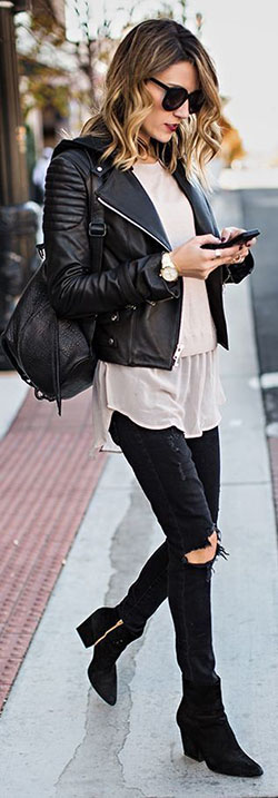 Leather jacket outfit ideas: Skinny Jeans,  winter outfits,  Leather jacket,  Slim-Fit Pants  