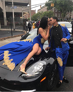 They're a royal vision in blue and gold, homecoming never looked so bold!: party outfits,  Black Couple Homecoming Dresses,  Prom Suit  