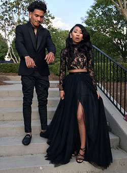 With her flowing skirt and his fitted jacket, they make the perfect pairing!: Backless dress,  Prom Dresses,  Black Couple Homecoming Dresses  