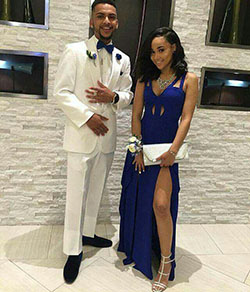 Homecoming is brighter with her in blue, and him with just the right splash of color!: party outfits,  Navy blue,  Black Couple Homecoming Dresses,  Prom Suit  