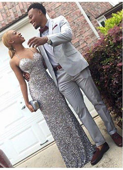 Her gown a full spectrum of sparkles, and his suit the perfect shade of grey to complement her brilliance!: Backless dress,  Prom Dresses,  Black Couple Homecoming Dresses  