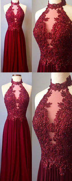 Burgundy chiffon long prom dresses lace appliques sexy Prom Dress,wine red Forma...: evening dress  